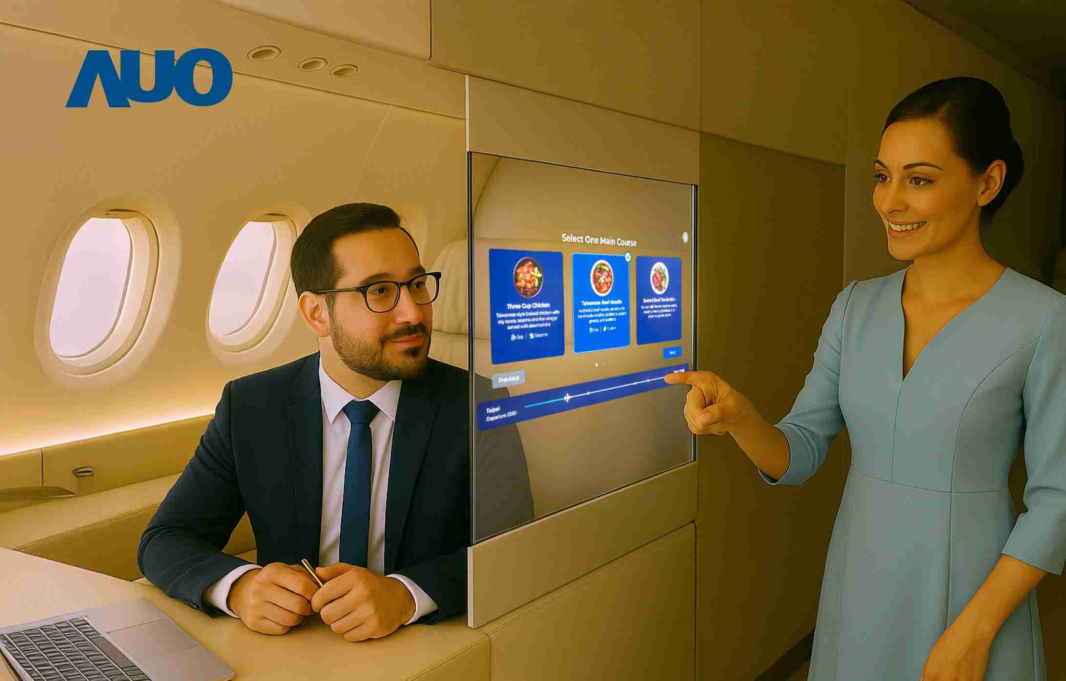 至成国际研发全球最薄17.3 吋双面透明 Micro LED 显示器，，可在同一屏幕之双边投射不同信息，，创造独特的”透明化”互动；图为实时翻译交流应用情境